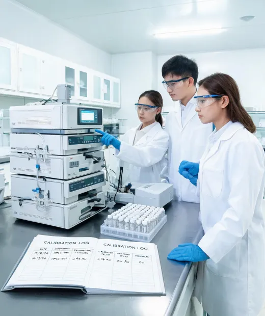 Analytical laboratory team with HPLC stack