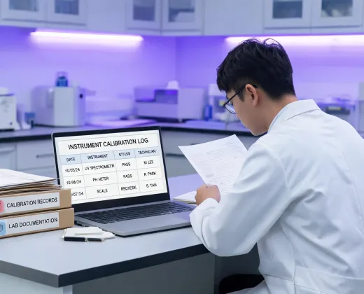 Laboratory service desk reviewing calibration records