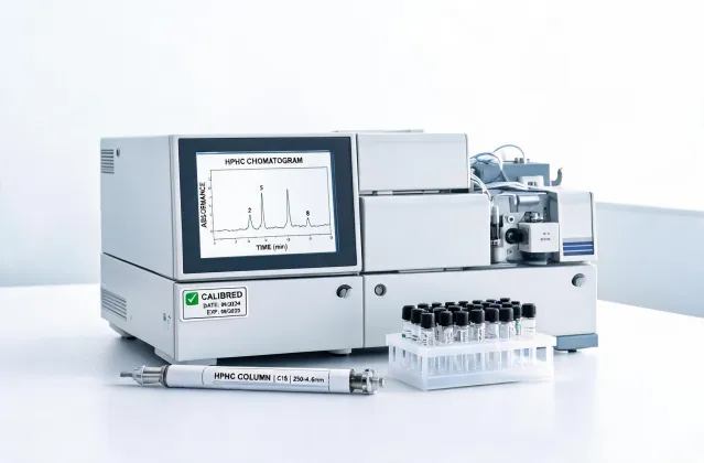 HPLC system with sample vials and chromatogram