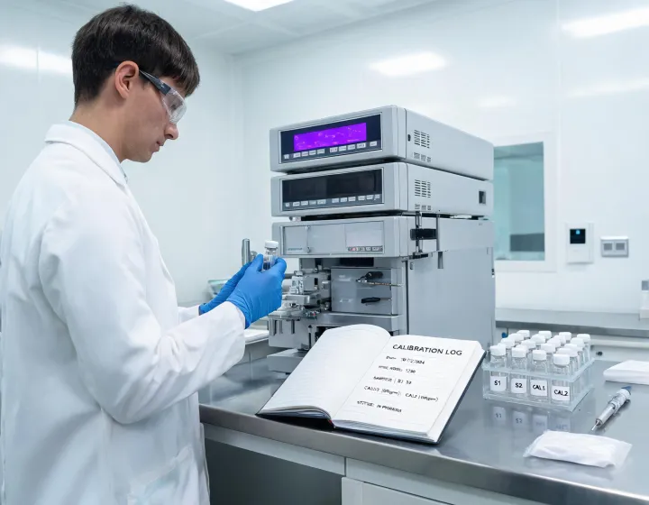 Lab scientist preparing HPLC samples with calibration log